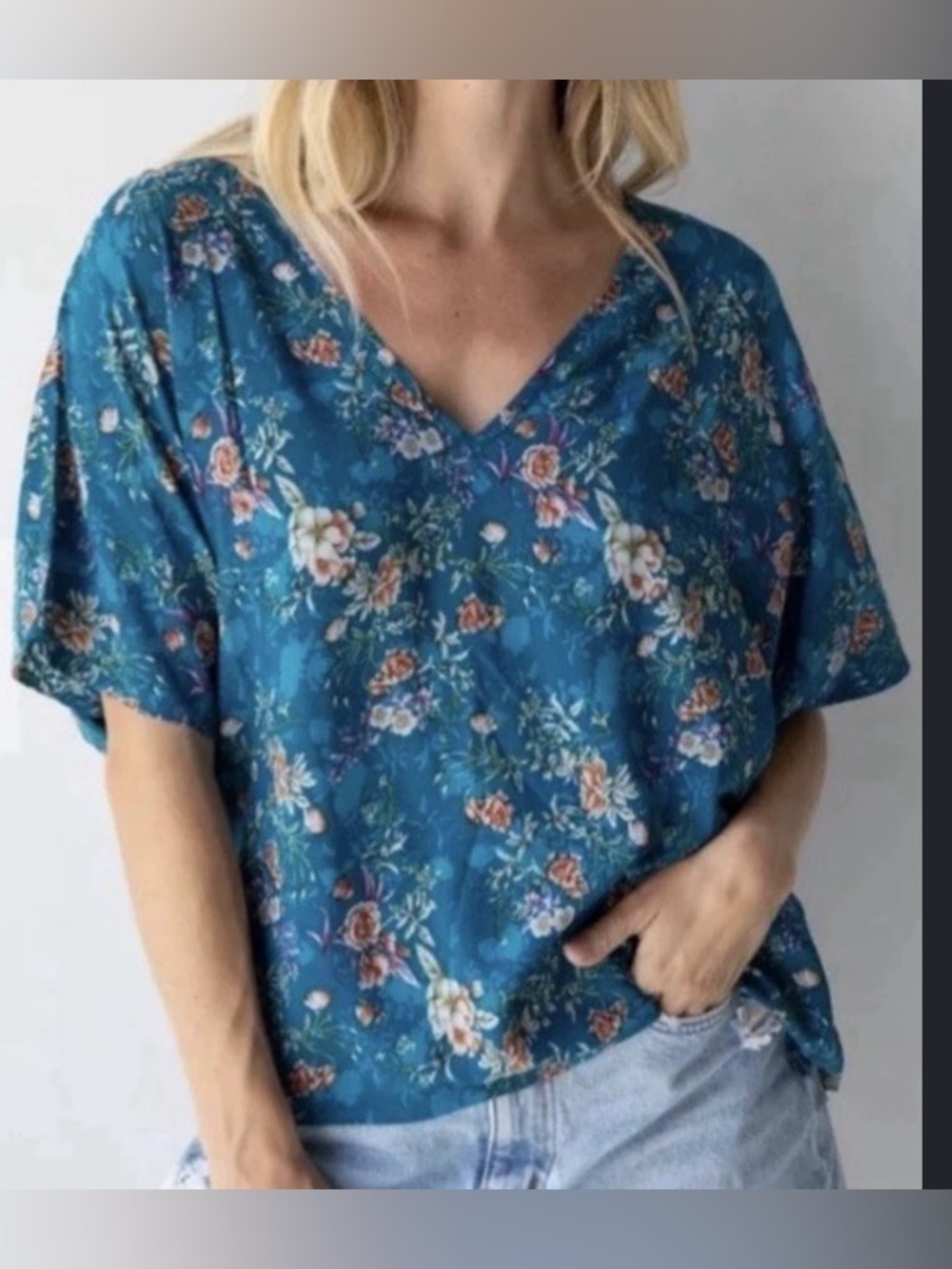 NATURAL LIFE Teal Floral V-Neck Dolman Blouse medium
